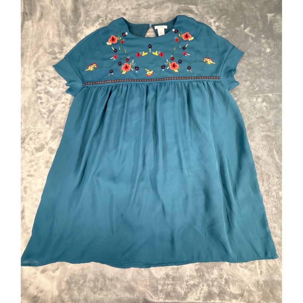 Esley‎ Teal Blue Embroidered Floral Babydoll Mini Dress Pockets Short Sleeve L